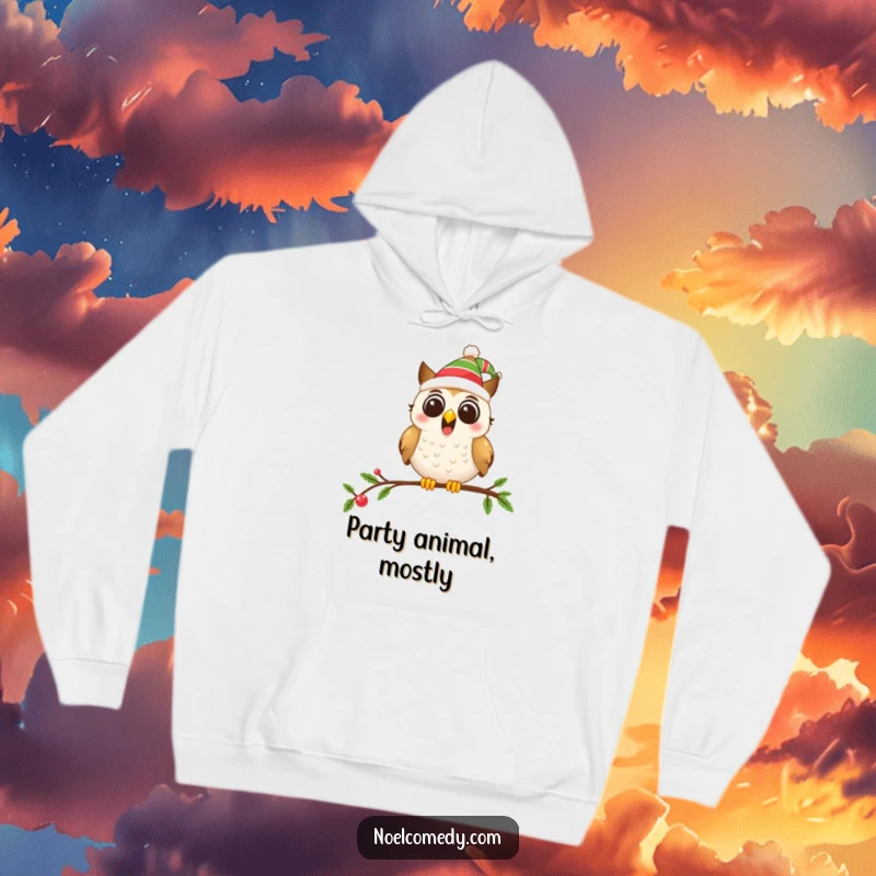 Funny hoodie design of an excited owl wearing a festive hat on a decorated branch, bringing holiday joy.