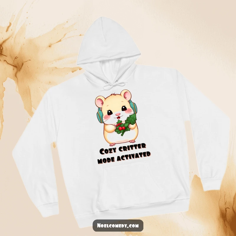 Funny hoodie design of a cute hamster in earmuffs holding a small decorated evergreen, perfect for winter.