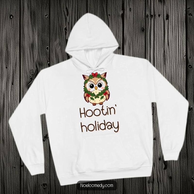 Funny owl hoodie featuring a curious character in a festive wreath, offering warmth and holiday cheer for cozy days.