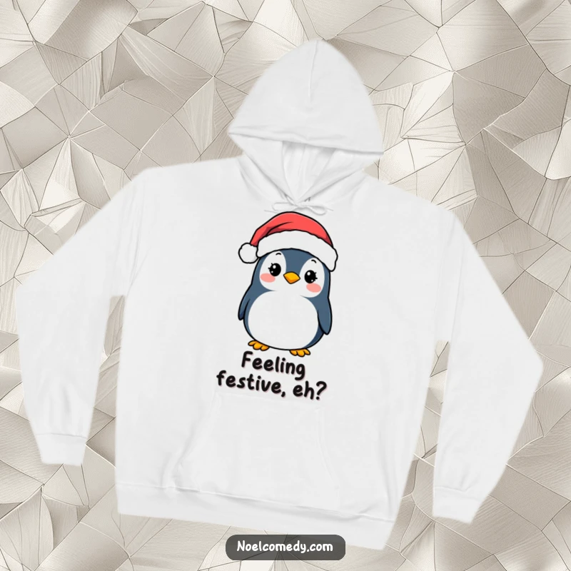 Funny Hoodie: A cozy penguin wearing a Santa hat, delivering warmth and humorous holiday cheer.