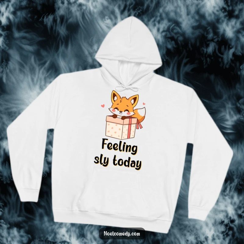 Funny Hoodie: A cheerful fox peeking from a gift box, offering cozy comfort and humorous charm.