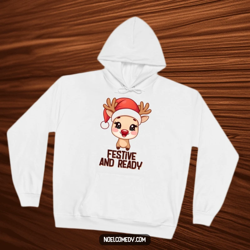 Funny Hoodie showing a joyful reindeer with twinkling eyes, wearing a Santa hat, perfect for cozy holiday moments.