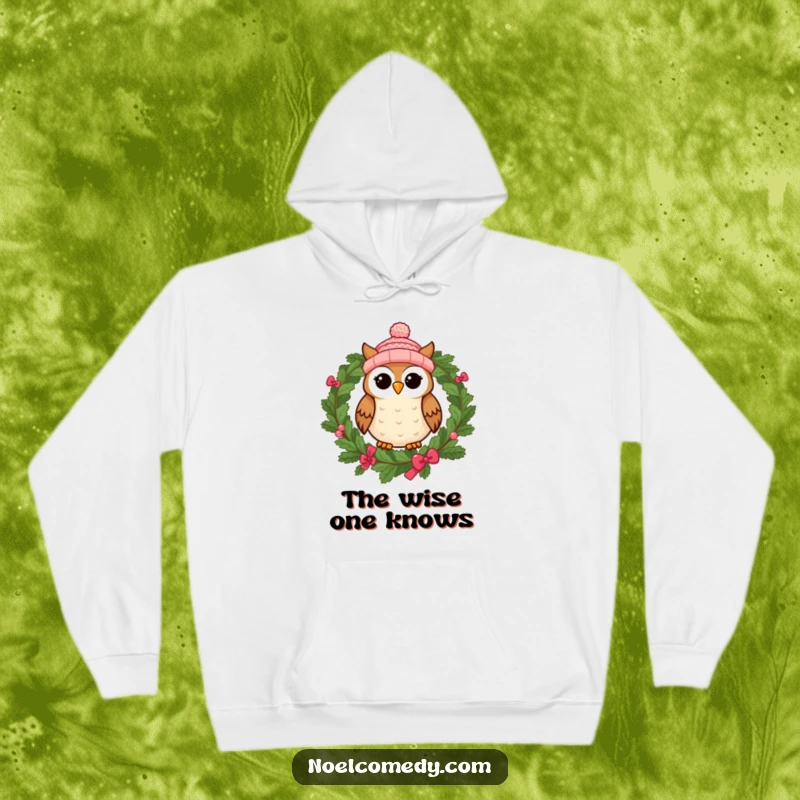 Funny hoodie showcasing a cheerful owl sporting a knitted cap, perched on a festive wreath, ideal for winter.