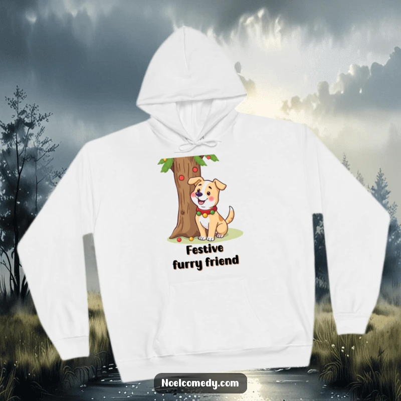 Funny hoodie featuring a cheerful dog in a festive collar wagging its tail near a holiday tree.
