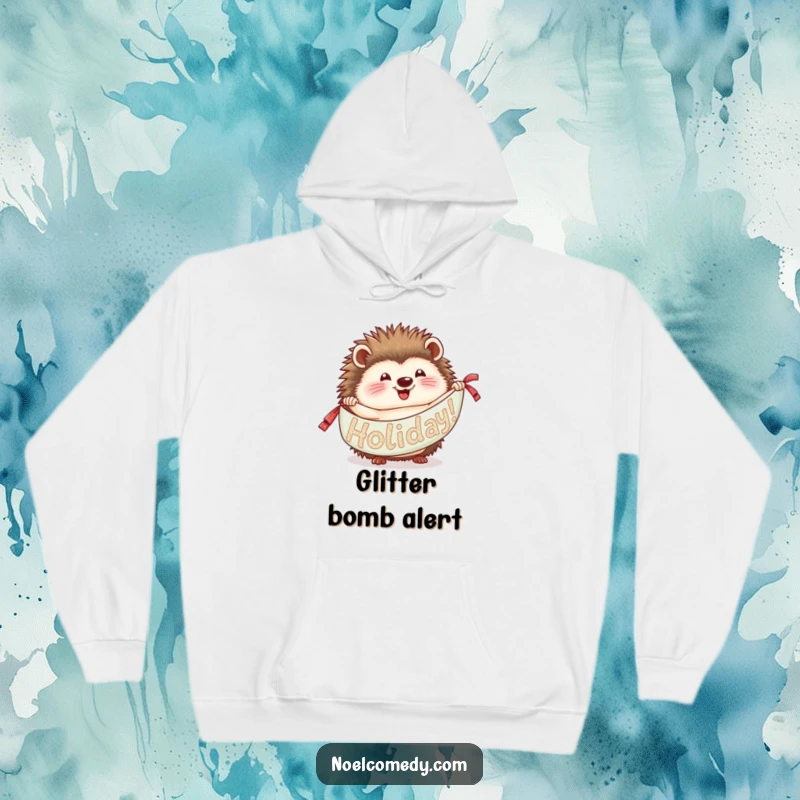 Funny Hedgehog Hoodie: A cozy hoodie depicting a hedgehog unrolling a glittery banner, perfect for festive comfort and humor.