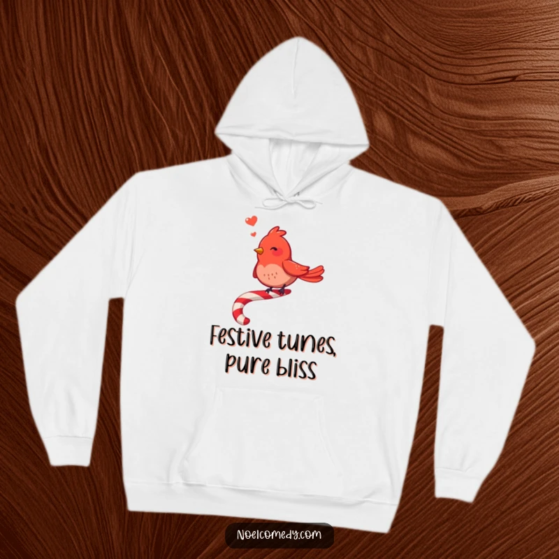 Funny Red Bird Hoodie: A cheerful red bird sings happily on a candy cane, perfect for cozy holiday moments.