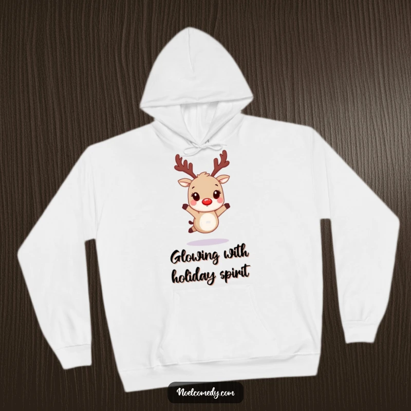 Funny, warm hoodie featuring a hopping reindeer character with glowing red nostrils, perfect for holiday comfort.