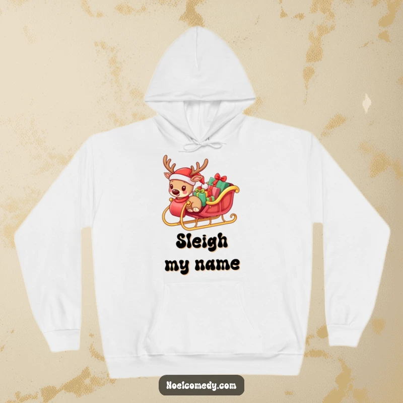 Funny hoodie depicting a small reindeer in a Santa hat pulling a sleigh overflowing with gifts, ideal for cozy holiday humor.