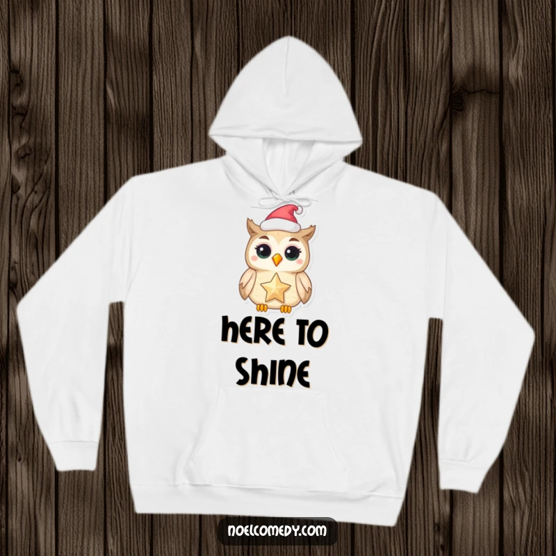 Funny hoodie featuring a delighted owl in a festive hat holding a shimmering star, ideal for winter.