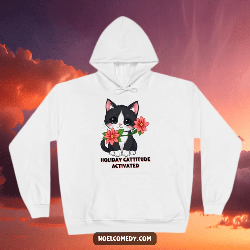 Funny hoodie with a black and white cat wearing a poinsettia, perfect for staying warm and festive during holidays.