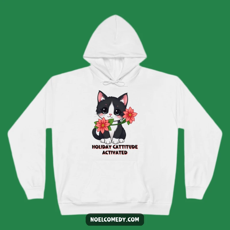 Cozy Black Cat Poinsettia Hoodie, Warm Holiday Gift, Festive Cat Lover