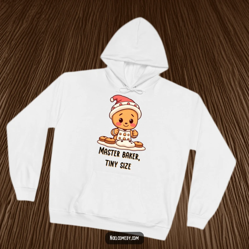Funny hoodie print of a tiny gingerbread man character wearing a silly hat, enthusiastically baking cookies in a cozy kitchen setting.