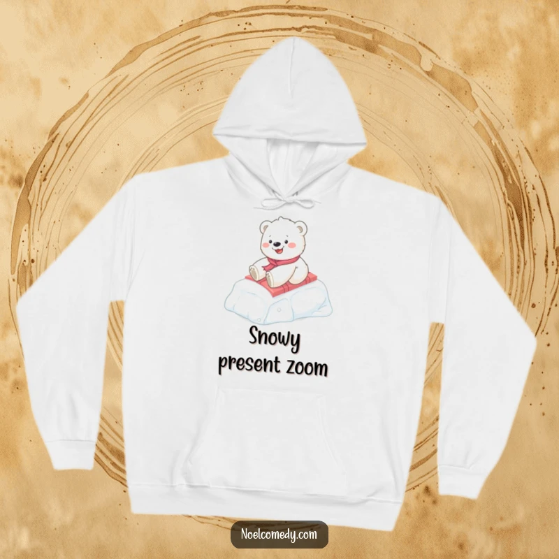 Funny Polar Bear Cub Hoodie: A happy cub slides down an icy slope on a present, warm and funny gift for winter lovers.