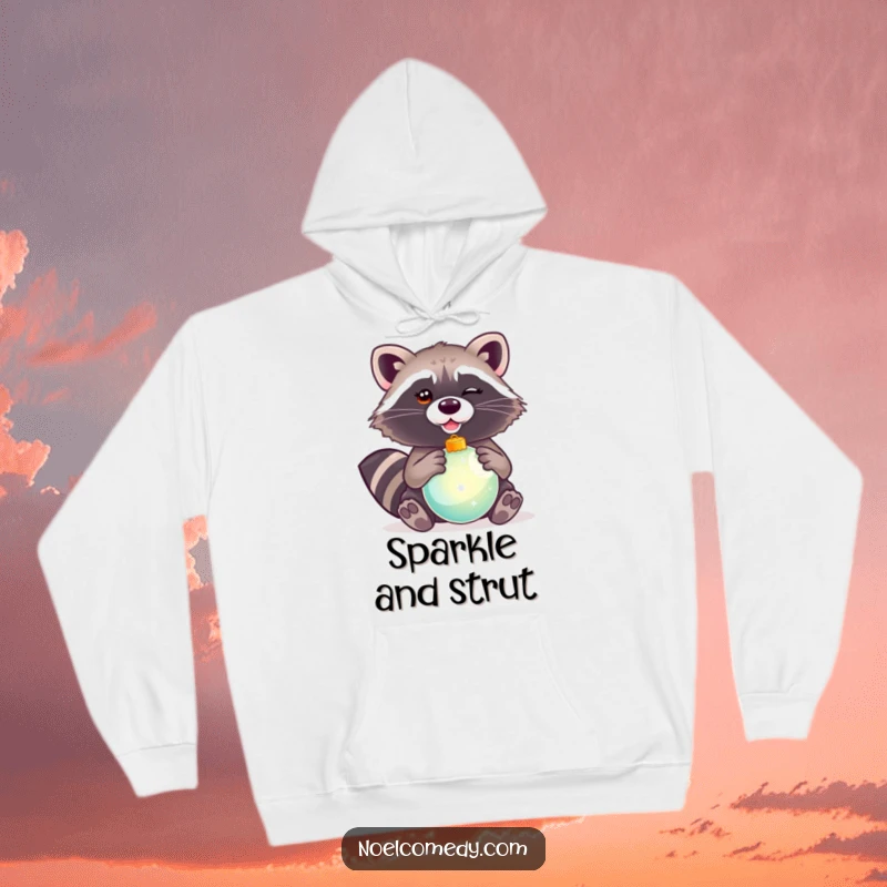 Funny hoodie depicting a winking raccoon holding a shiny Christmas ornament, radiating holiday cheer and warmth.
