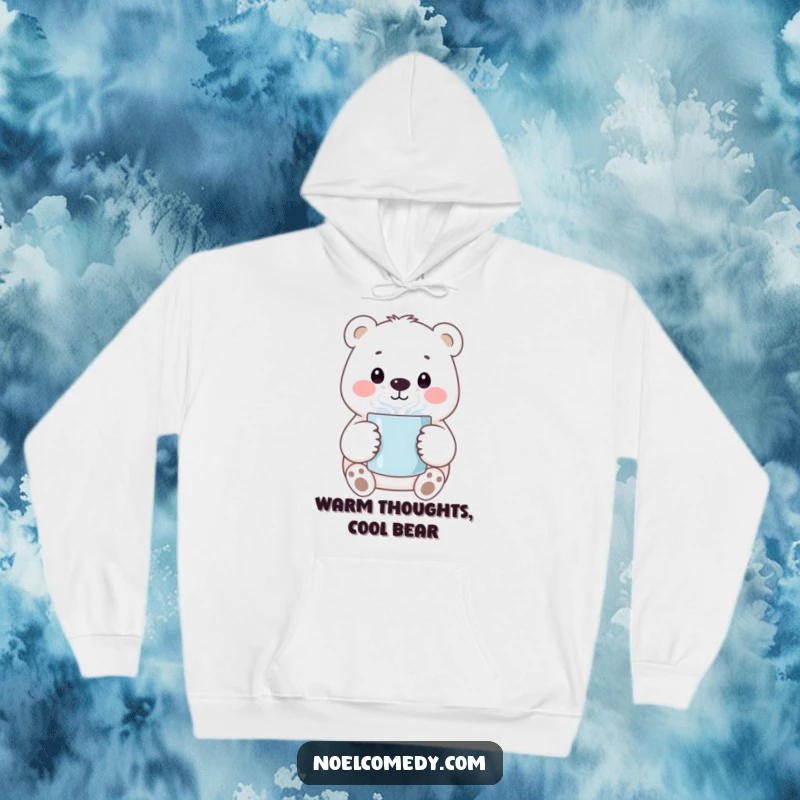 Funny, warm hoodie showcasing a smiling polar bear character embracing a steaming mug, perfect for chilly days.