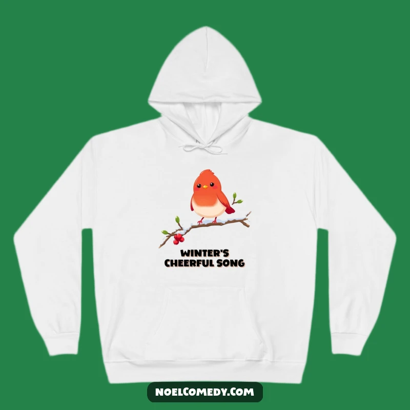 Cozy Funny Robin Hoodie: Cheerful Bird on Snowy Branch Winter Wear, Warm Funny Gift
