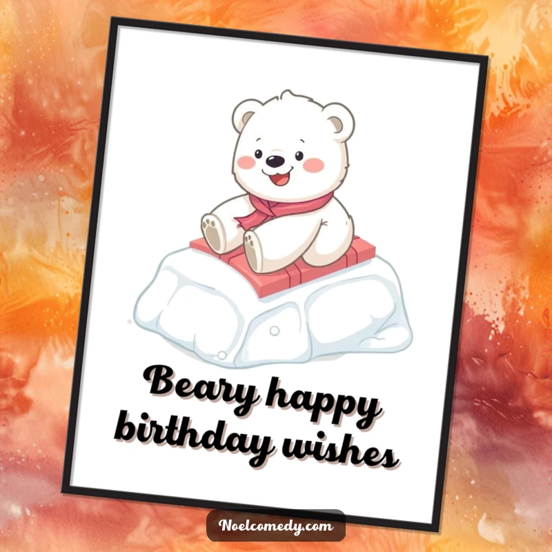 Funny Free Printable Wall Art: A happy polar bear cub joyfully slides down an icy slope on top of a festive present.