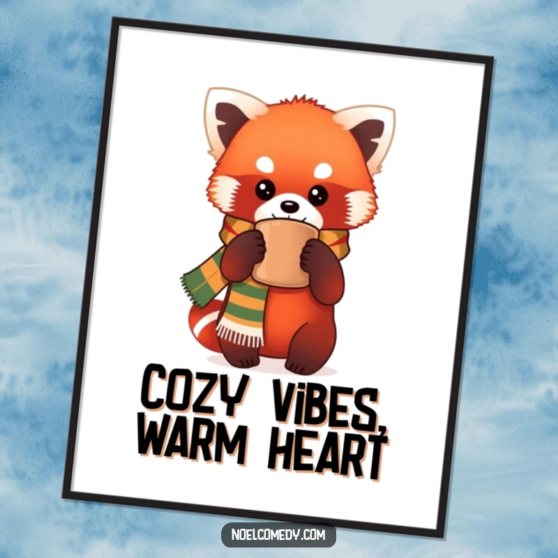 Funny free printable wall art featuring a cheerful red panda in a festive scarf holding a warm mug, perfect for cozy spaces.