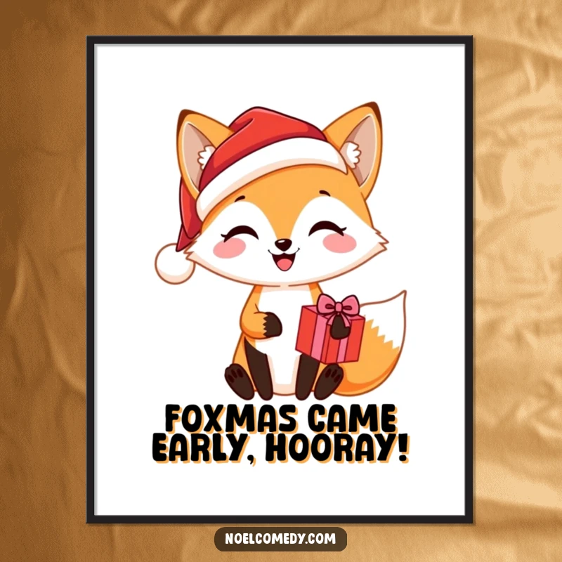 Funny Free Printable Wall Art of a joyful fox wearing a Santa hat and holding a brightly wrapped present.