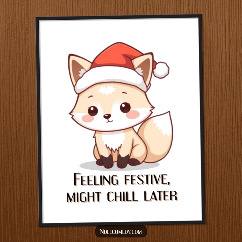 Funny Free Printable Wall Art of a playful arctic fox wearing a tiny Santa hat, bringing festive fun to your room.