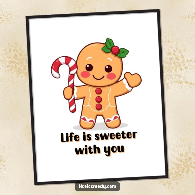 Funny Free Printable Wall Art: A cheerful gingerbread man character waving a candy cane, perfect for festive DIY decor.