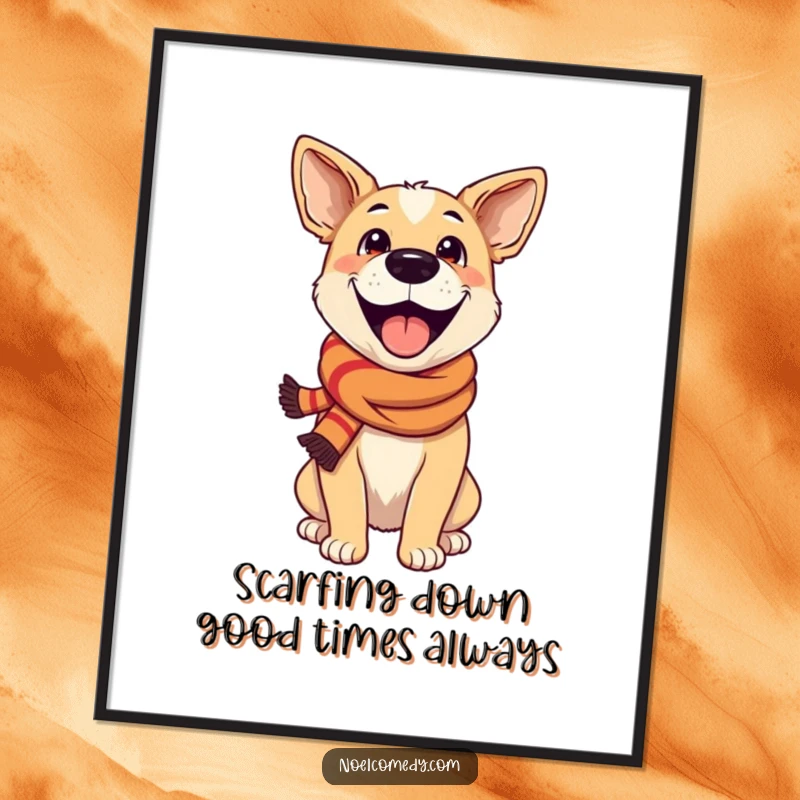 Funny Free Printable Wall Art: An excited dog sporting a festive scarf, perfect for downloadable decor and DIY gifts.
