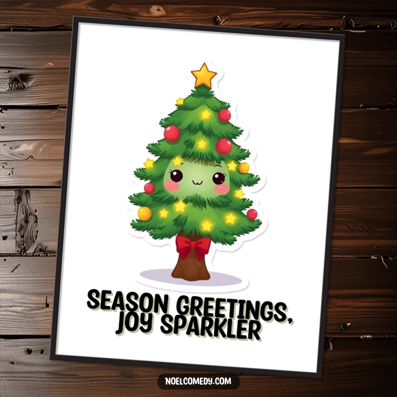 Funny Free Printable Wall Art: Decorated pine tree character with twinkling lights and stars, festive holiday art.