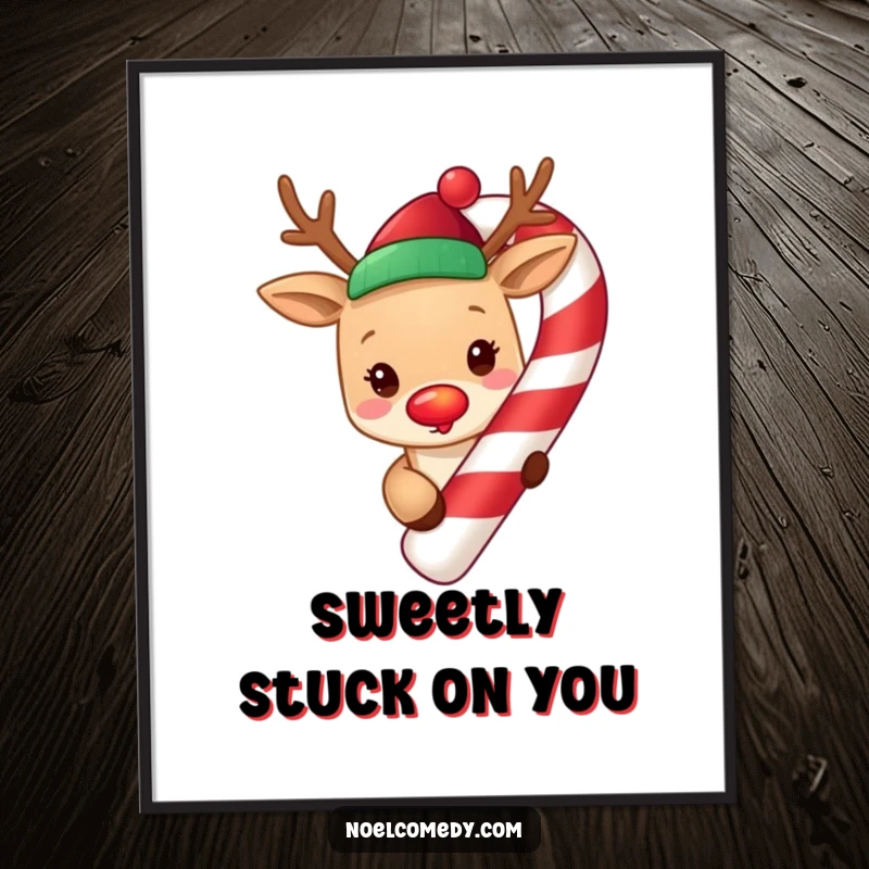 Funny Free Printable Wall Art: A cute reindeer with a glowing red nose playfully peeks from behind a giant candy cane.