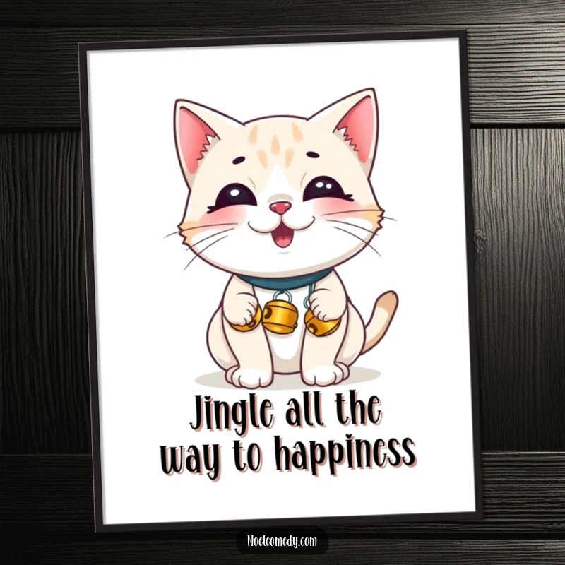 Funny Free Printable Wall Art: A giggling cat wearing tiny jingle bells, a cute downloadable decor and DIY gift.