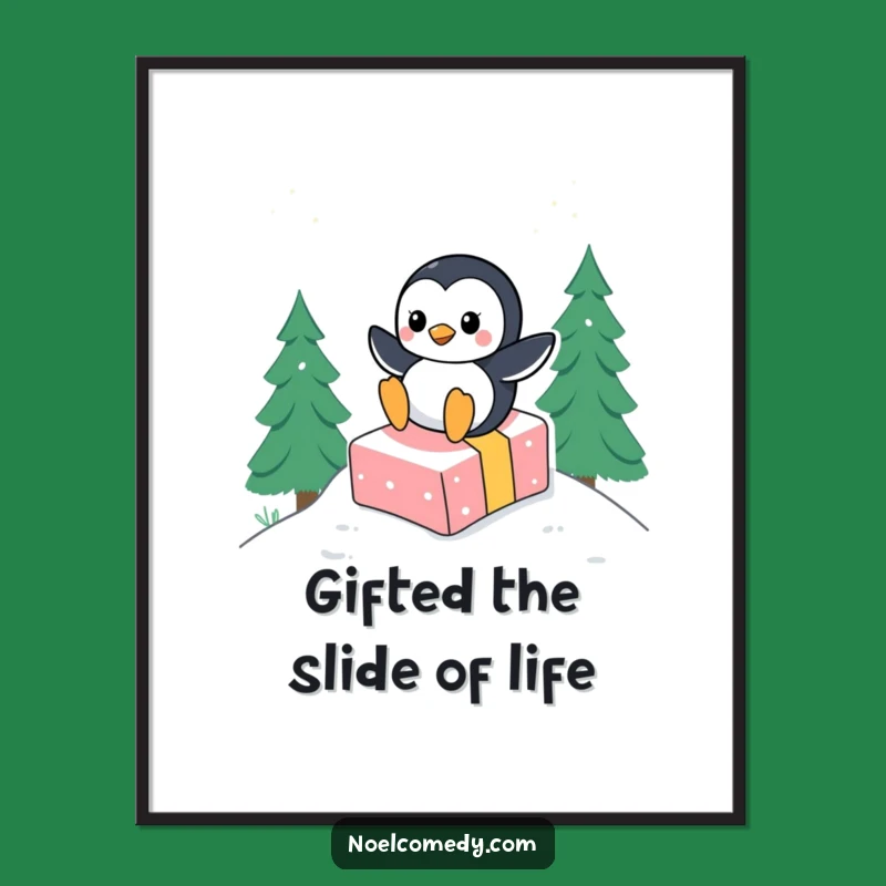Free Printable Wall Art: Penguin Sliding Gift, Whimsical Downloadable Decor