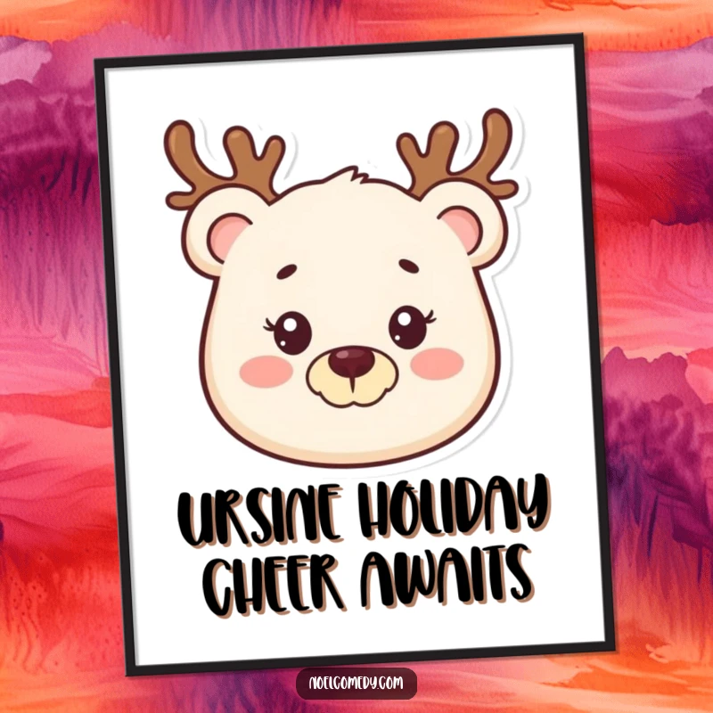 Funny Free Printable Bear Wall Art: Smiling bear character wearing a festive reindeer antler headband. Cheerful and charming downloadable art.