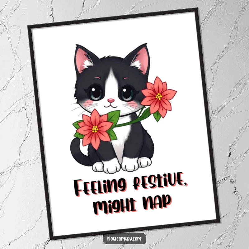Funny Free Printable Cat Wall Art: Elegant black and white cat wearing a vibrant poinsettia flower. Stylish downloadable art.