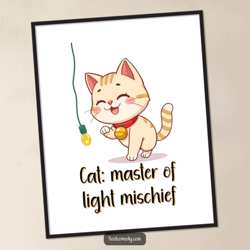 Funny Free Printable Wall Art: A smiling cat wearing a bell collar chases a dangling Christmas light, adding playful, luminous charm to your wall.