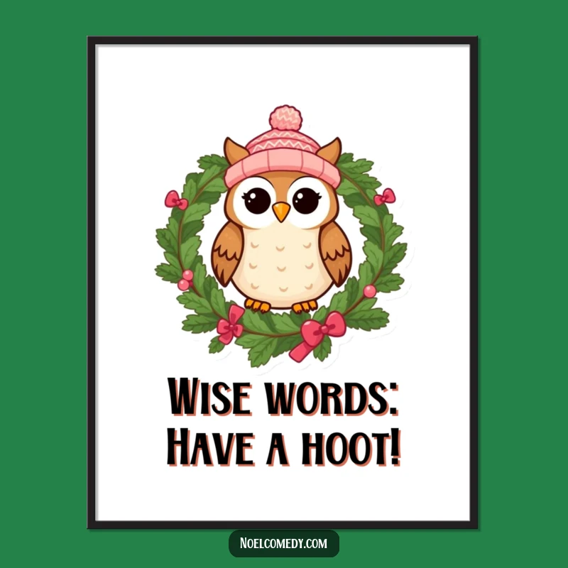 Funny Free Printable Wall Art: Cheerful Owl Cap Wreath, Downloadable Decor