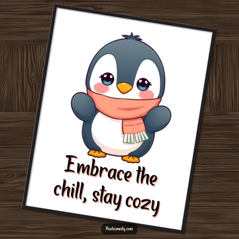 Cute Free Printable Wall Art: A charming penguin bundled up in a scarf and mittens, looking incredibly cozy.