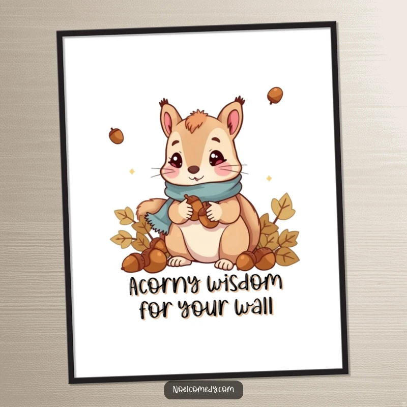 Funny Free Printable Wall Art: Cute squirrel in scarf intently collecting acorns, bringing nature's humor.