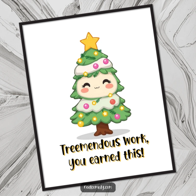Funny Free Printable Wall Art: A decorated pine tree character with twinkling lights and stars, radiating festive cheer.