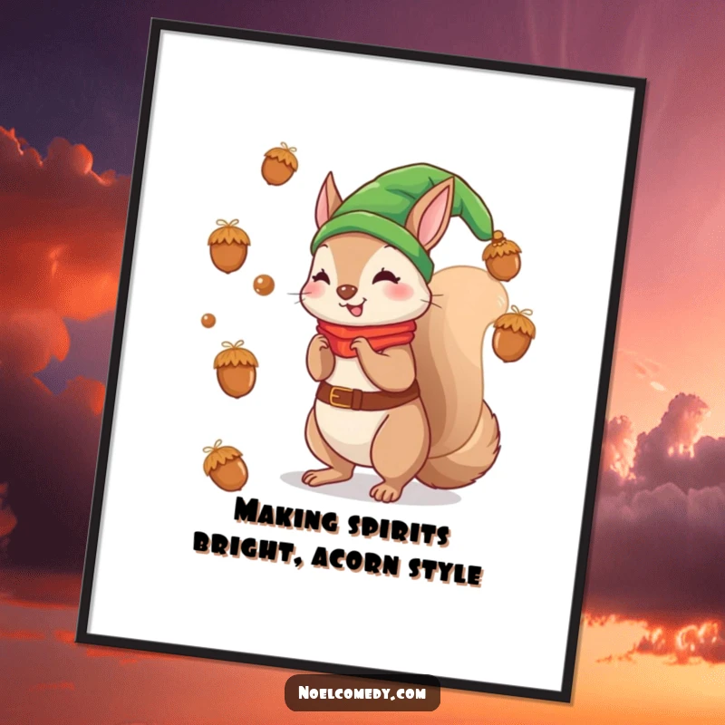 Funny Free Printable Wall Art: A playful squirrel dressed as a Christmas elf, tossing acorns like decorative ornaments, bringing festive fun.