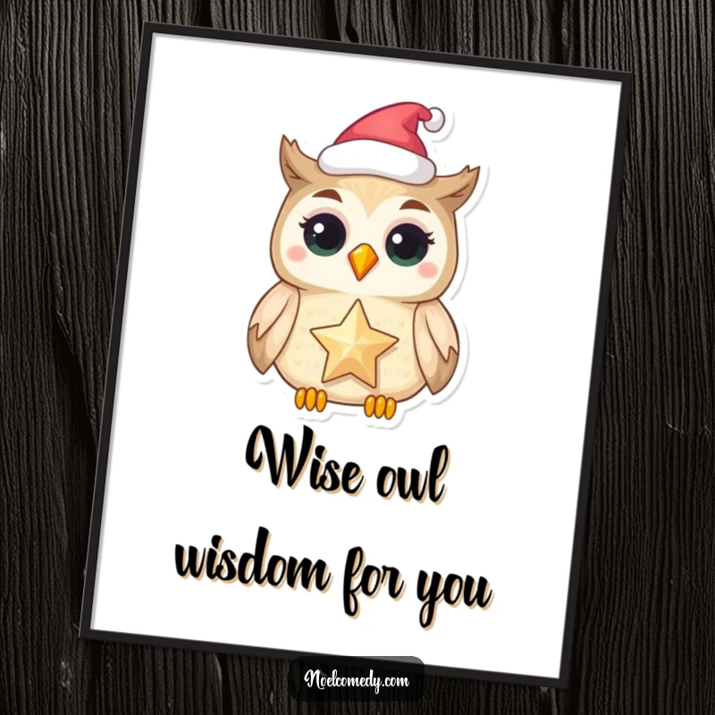 Funny Free Printable Wall Art: A delightful owl wearing a festive hat, holding a shimmering star, adding a touch of magic.