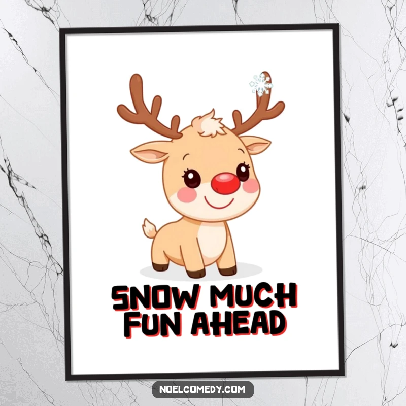 Funny Free Printable Wall Art: A smiling reindeer with a prominent red nose catching a single falling snowflake.