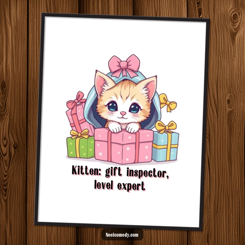 Funny Free Printable Wall Art: A playful kitten peeks out from a pile of wrapped gifts, adding a touch of humor and charm to your wall.