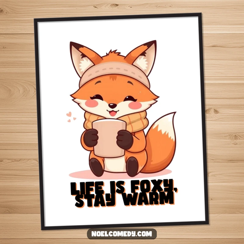 Funny Free Printable Wall Art: A happy fox wearing a warm scarf, holding a steaming mug, looking content.