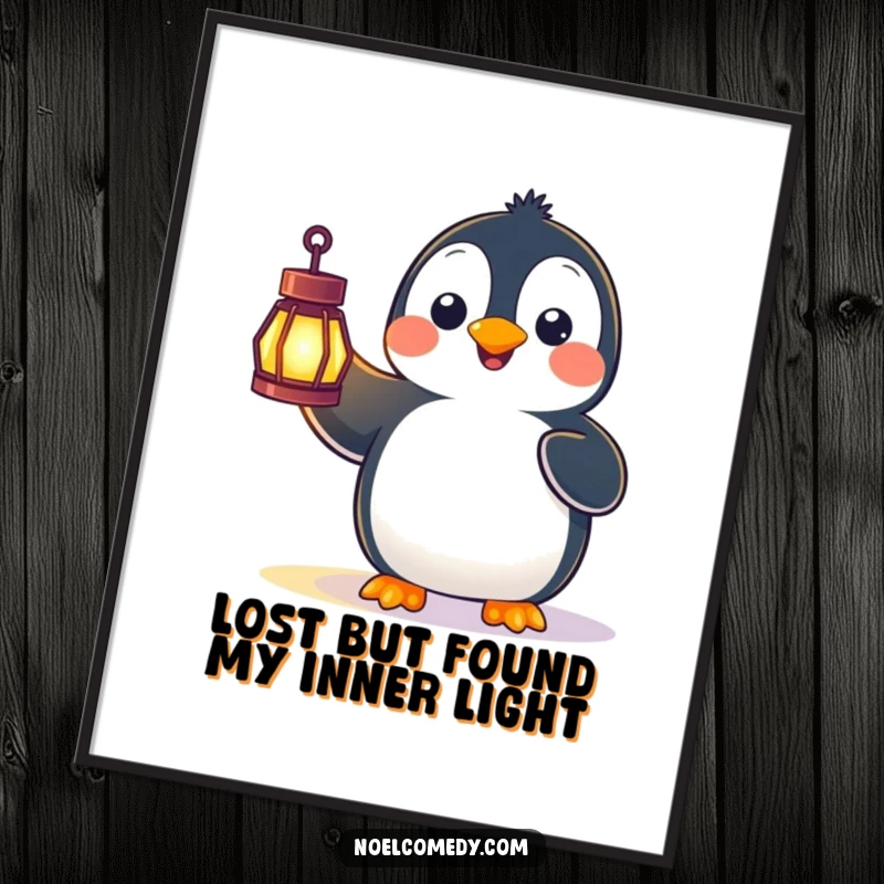 Funny Free Printable Wall Art of a happy penguin looking surprised while holding a brightly glowing lantern.