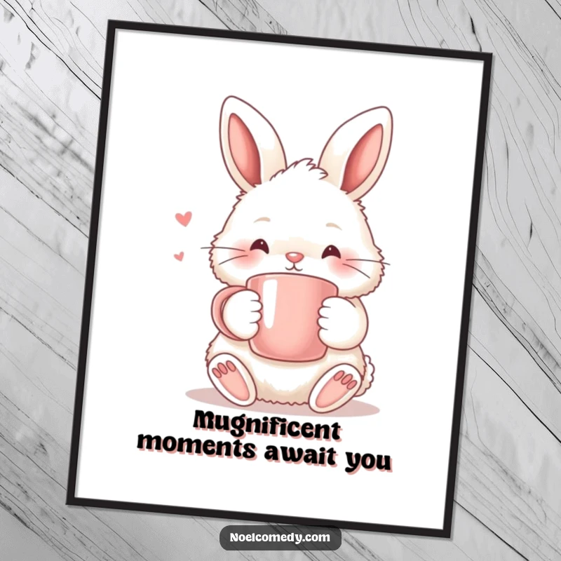 Funny Free Printable Wall Art: A fluffy bunny holding a warm mug, perfect for downloadable decor and DIY gifts.