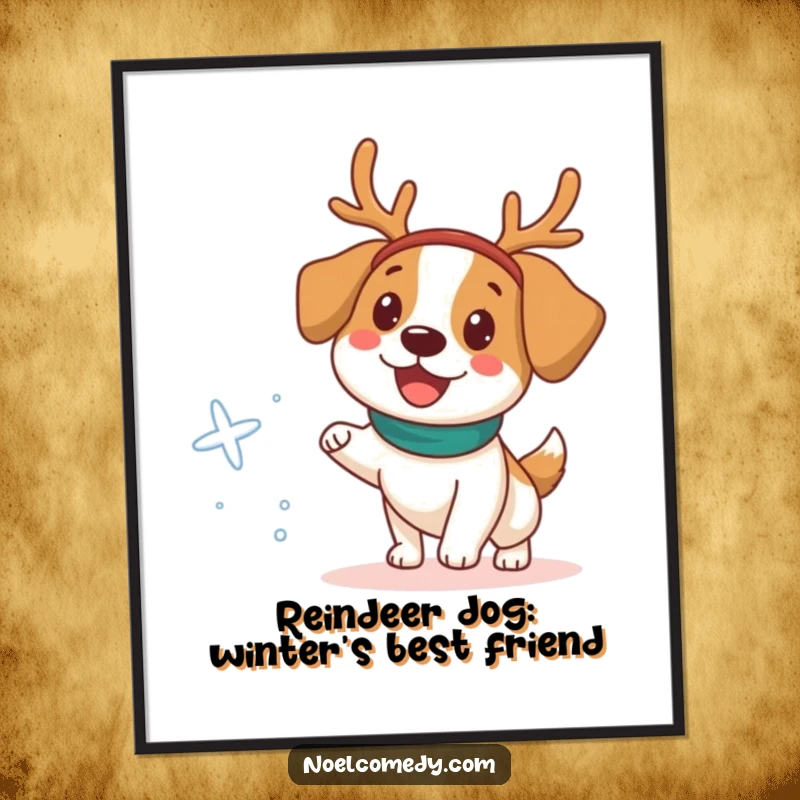 Funny Free Printable Wall Art: A happy dog wearing a reindeer headband chases a snowflake, bringing playful and festive charm to your wall.