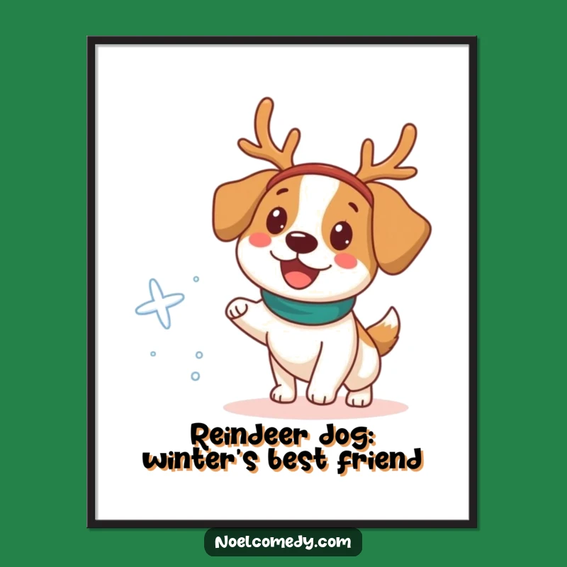 Funny Free Printable Wall Art: Dog With Reindeer Headband, Playful Downloadable Decor For Dog Lovers