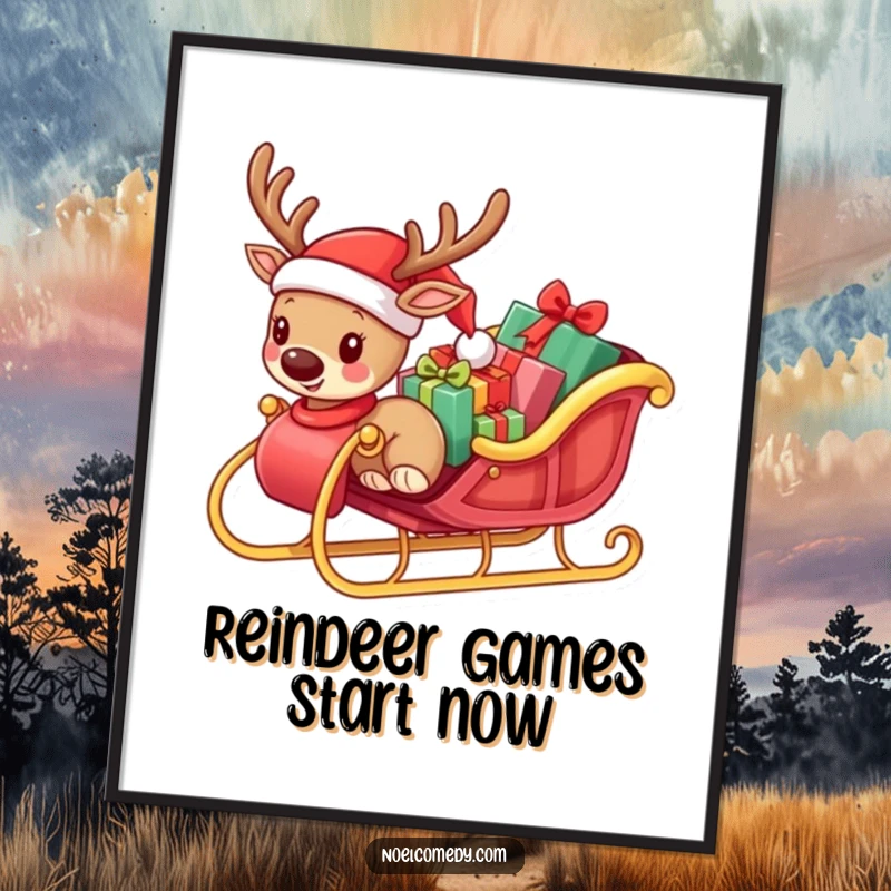 Funny Free Printable Wall Art: Small Reindeer Wearing Santa Hat Pulls a Sleigh Laden with Presents