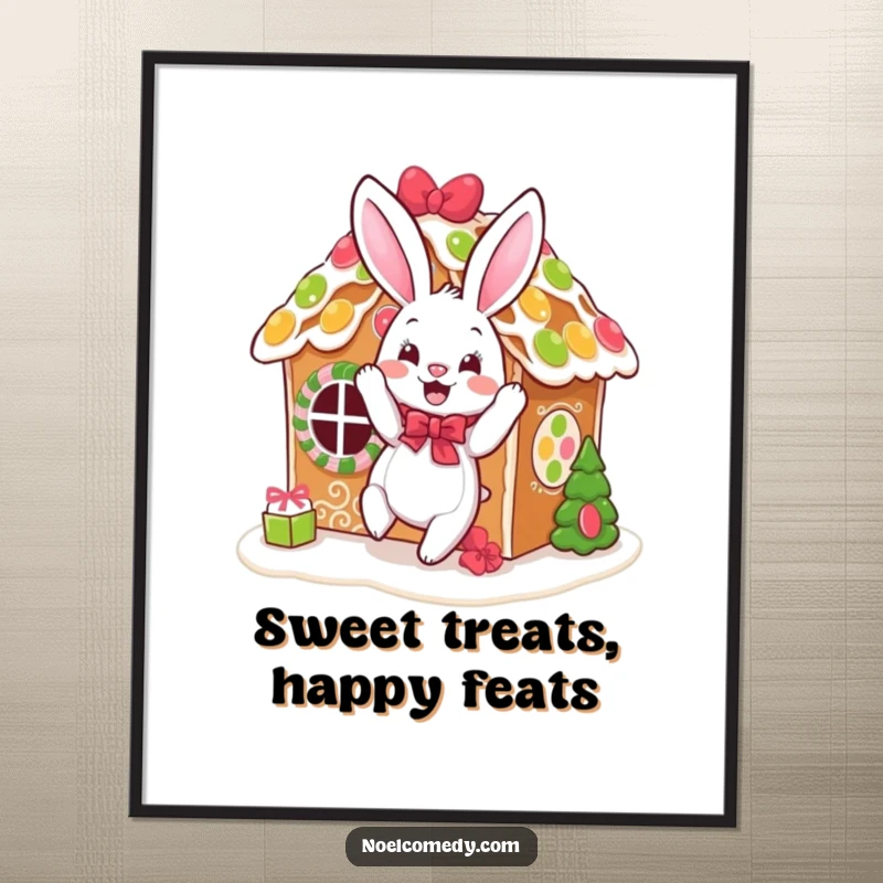 Funny Free Printable Wall Art: A cheerful bunny joyfully decorating a gingerbread house with festive treats, bringing sweetness to any room.