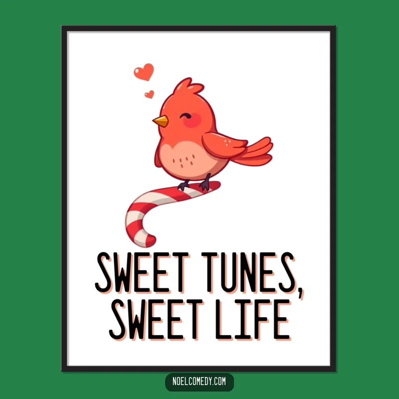 Funny Free Printable Wall Art: Merry Red Bird Candy Cane Singer Downloadable Decor