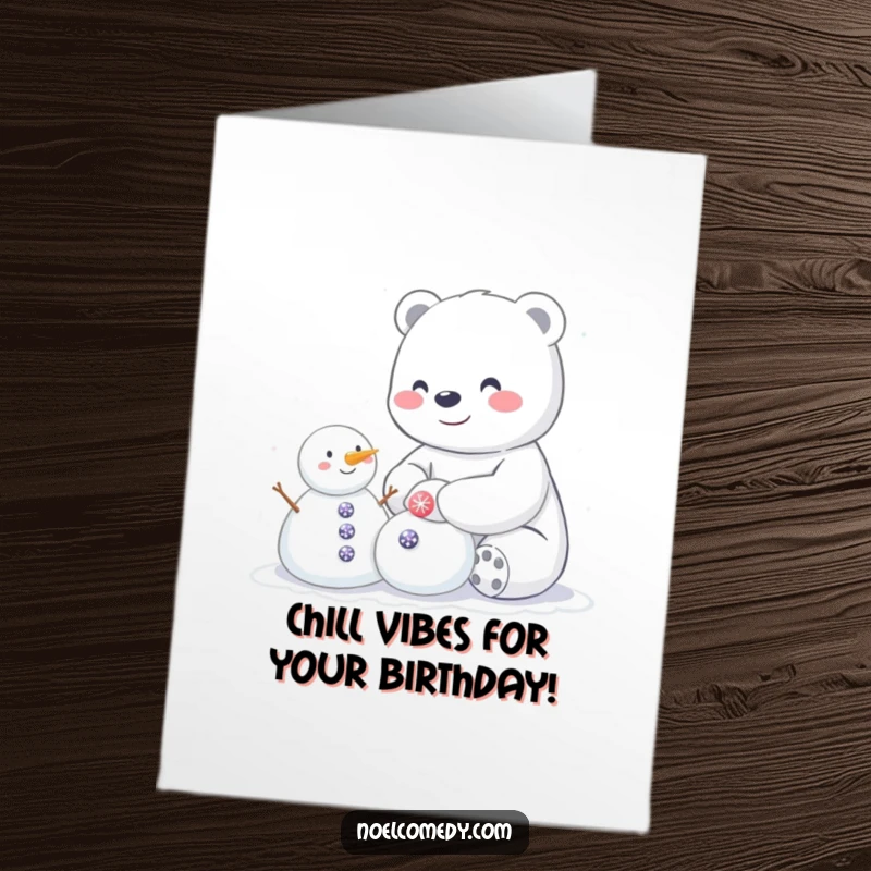Funny Free Printable Birthday Card: Happy Polar Bear Building a Snowman with Sparkly Button Details